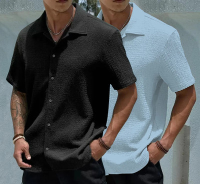 COMBRAIDED Men Solid Casual White Shirt(Pack of 2)