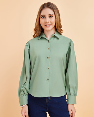GLOBAL NOMAD Women Solid Casual Green Shirt