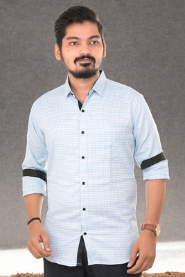 PUBHIZA Men Checkered Casual Light Blue Shirt