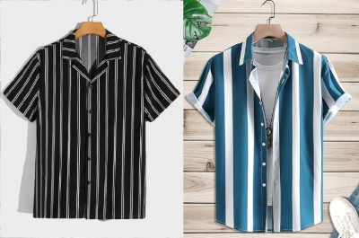 Men Striped Casual Black, Blue Shirt