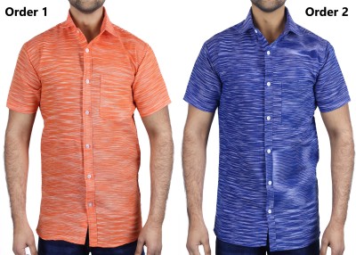 AUZAAI COLLECTION Men Self Design Casual Orange, Dark Blue, White Shirt(Pack of 2)