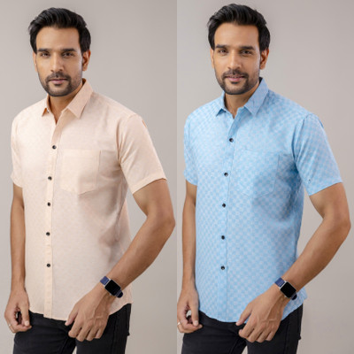 AuzaSho Collection Men Checkered Casual Blue Shirt(Pack of 2)