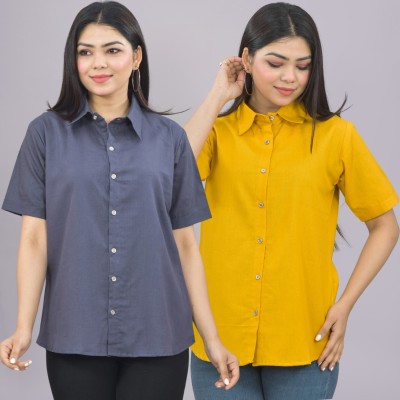 QuaClo Women Solid Casual Grey, Yellow Shirt(Pack of 2)