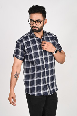 METRONAUT Men Checkered Casual Dark Blue Shirt