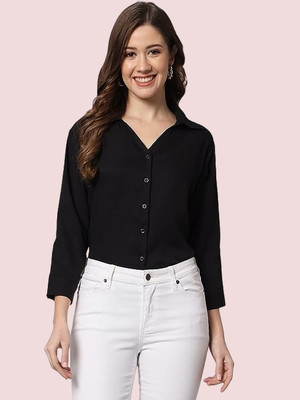 GLOBAL NOMAD Women Solid Casual Black Shirt
