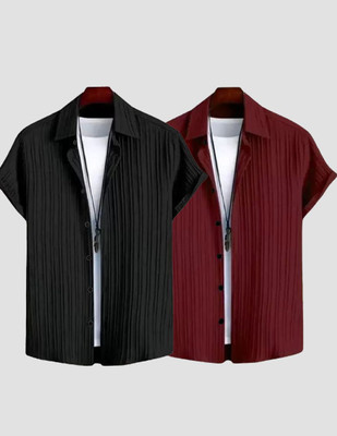TIGERSNAKE Men Striped Casual Black, Maroon Shirt