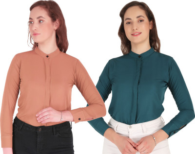 Hunoor Women Solid Casual Red, Pink Shirt(Pack of 2)