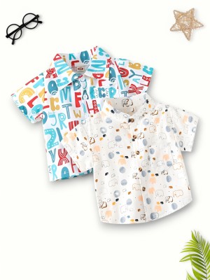 D MON VY Boys Printed Casual Blue, White, Red Shirt(Pack of 2)