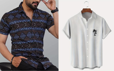 GrecoClothStore Men Printed Casual Blue, White Shirt(Pack of 2)