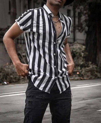 HouseOfCommon Men Striped Casual White, Black Shirt