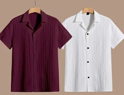 Men Self Design Casual Maroon, White Shirt
