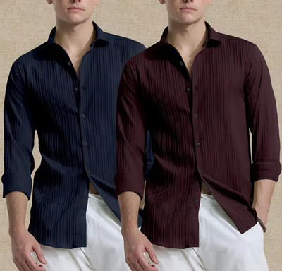 VRLOOKS Men Self Design Casual Dark Blue, Maroon Shirt