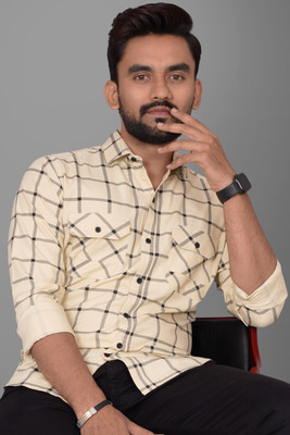 Voroxy Men Printed Casual Beige, Black Shirt