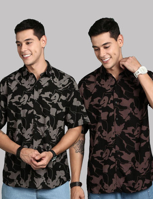 TIGERSNAKE Men Printed Casual Black, Grey, Brown Shirt(Pack of 2)
