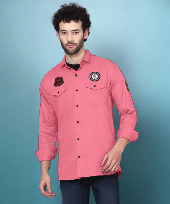 oquent Men Embroidered Casual Pink Shirt