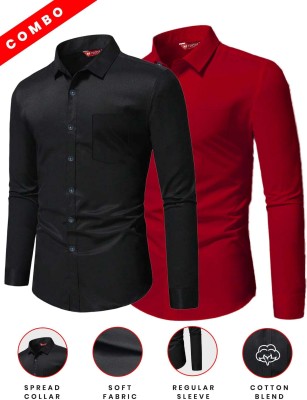 FireFish Men Solid Casual Red Shirt(Pack of 2)