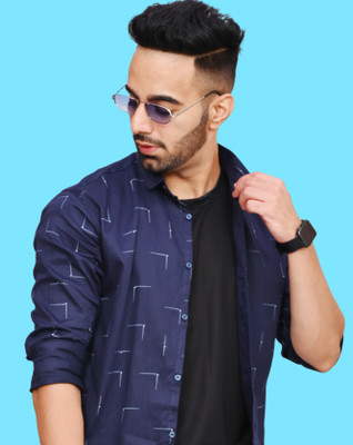 S-LINE Men Printed Casual Dark Blue, White Shirt