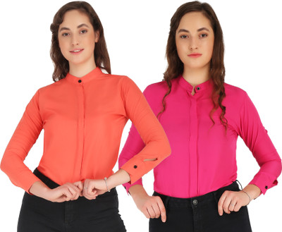 Giggles Women Solid Formal Red, Pink Shirt(Pack of 2)