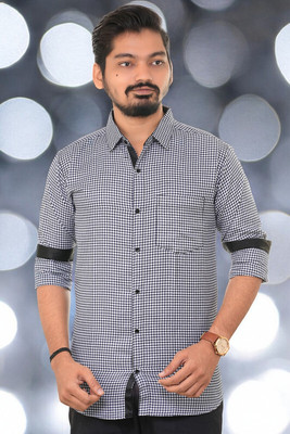PUBHIZA Men Checkered Casual Dark Blue Shirt