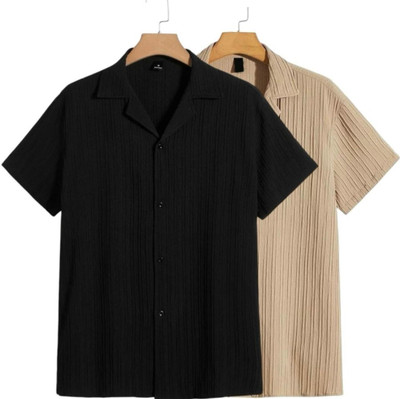 Men Self Design Casual Black, Cream Shirt