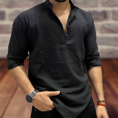 granthy Men Self Design Straight Kurta(Black)