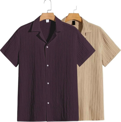VRLOOKS Men Self Design Casual Maroon, Cream Shirt