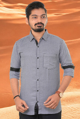PUBHIZA Men Checkered Casual Dark Blue Shirt