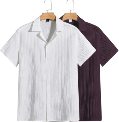 Men Self Design Casual White, Maroon Shirt