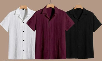 VRLOOKS Men Self Design Casual White, Maroon, Black Shirt(Pack of 3)