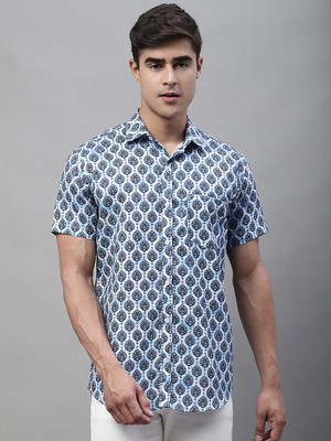 Le Mec Men Geometric Print Casual Blue, White Shirt