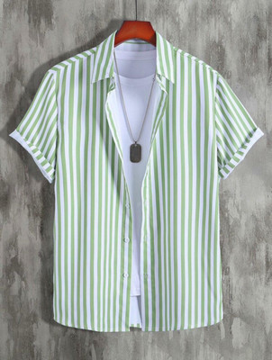 SHIVFORYOU Men Printed Casual Light Green, White Shirt