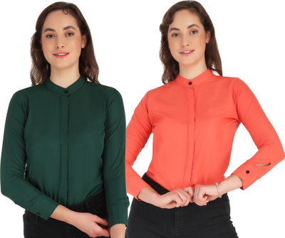 HEAVENS CREATIONS Women Solid Formal Green, Orange Shirt(Pack of 2)