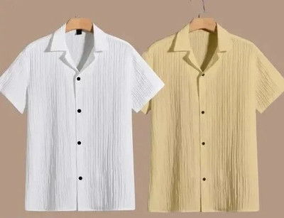 VRLOOKS Men Self Design Casual White, Cream Shirt(Pack of 2)
