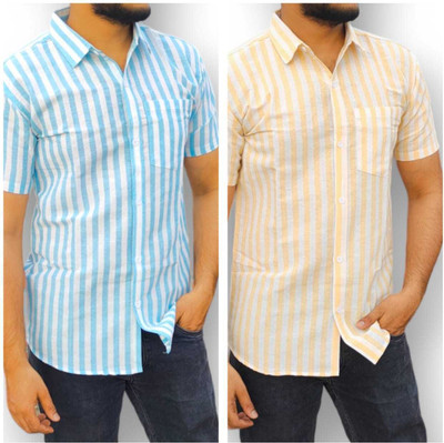 TIGERSNAKE Men Striped Casual Blue, Yellow Shirt