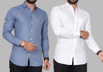 Men Solid Casual Blue, White Shirt(Pack of 2)