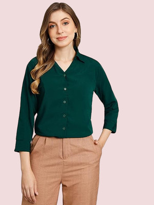 Ann Springs Women Solid Casual Dark Green Shirt