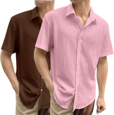 METRONAUT Men Self Design Casual Brown, Pink Shirt(Pack of 2)