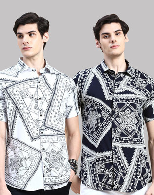 TIGERSNAKE Men Printed Casual White, Dark Blue Shirt(Pack of 2)