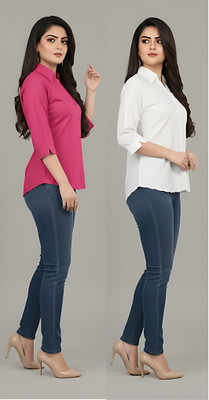 Prieto Women Solid Formal Pink, White Shirt(Pack of 2)