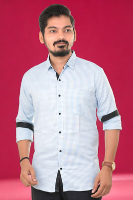 PUBHIZA Men Checkered Casual Light Blue Shirt