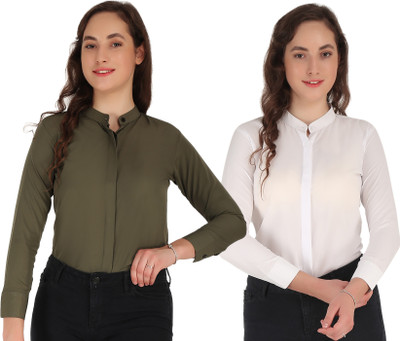 Hunoor Women Solid Casual Light Blue, Light Green Shirt(Pack of 2)