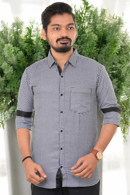 PUBHIZA Men Checkered Casual Dark Blue Shirt