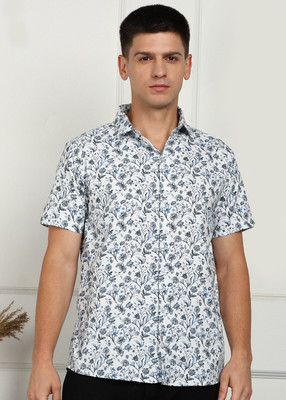 HNJ Men Floral Print Casual Light Blue Shirt