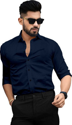 SHENKY Men Solid Casual Dark Blue Shirt