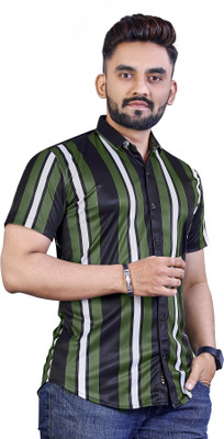Qugue Men Striped Casual Green Shirt