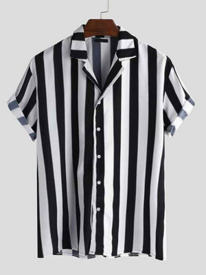 Qugue Men Striped Casual White, Black Shirt