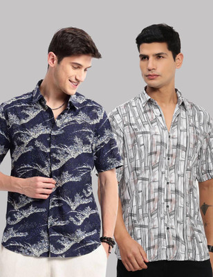 TIGERSNAKE Men Printed Casual Dark Blue, White Shirt(Pack of 2)