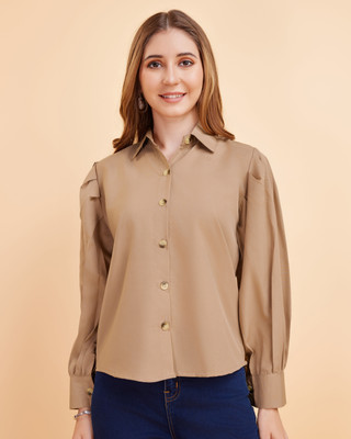 Ann Springs Women Solid Casual Beige Shirt