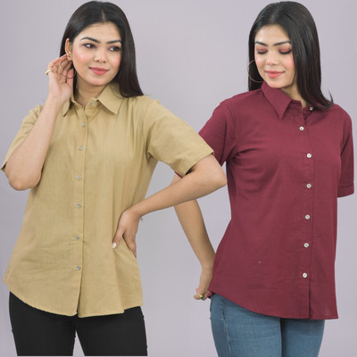 QuaClo Women Solid Casual Beige, Maroon Shirt(Pack of 2)