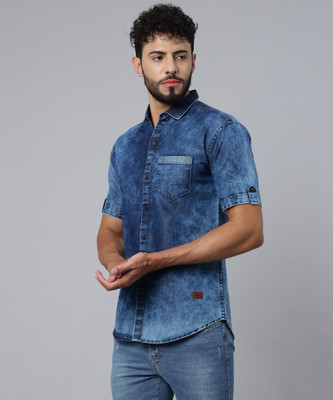 GreenFlair Men Washed Casual Blue Shirt